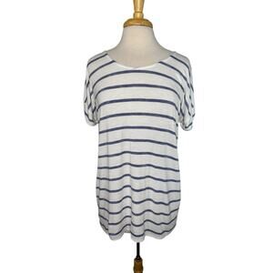 CHICOS Cross Back Rayon Jersey Blue White Stripe Short Sleeve Tee Size Medium 1